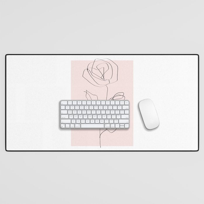 Botanical Line Art, Line Rose, Pink Wall Art, Minimalist Modern Art by Synplus Desk Mat Gallery Image 1