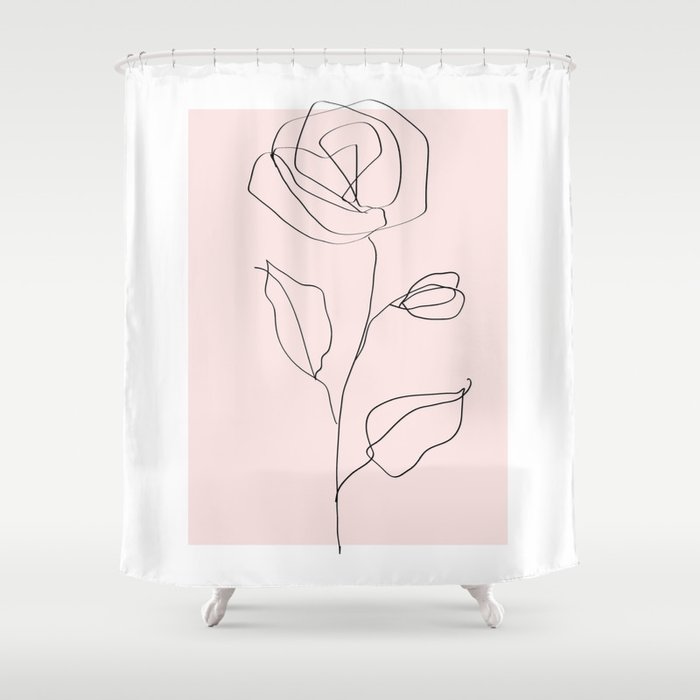 Botanical Line Art, Line Rose, Pink Wall Art, Minimalist Modern Art by Synplus Shower Curtain Gallery Image 1