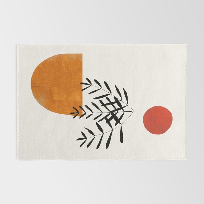 'Autumn Vine' Minimal Mid Century Abstract Shapes With Floral Plant Motif Boho Vintage Paper Collage Line Drawing Rug Gallery Image 2