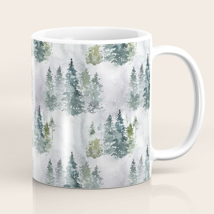 Watercolor forest green snow Christmas pine tree Coffee Mug Gallery Image 1