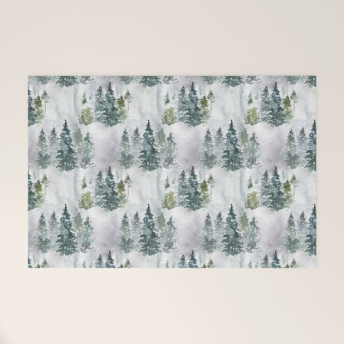 Watercolor forest green snow Christmas pine tree Welcome Mat Gallery Image 1