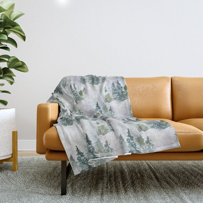 Watercolor forest green snow Christmas pine tree Throw Blanket Gallery Image 1