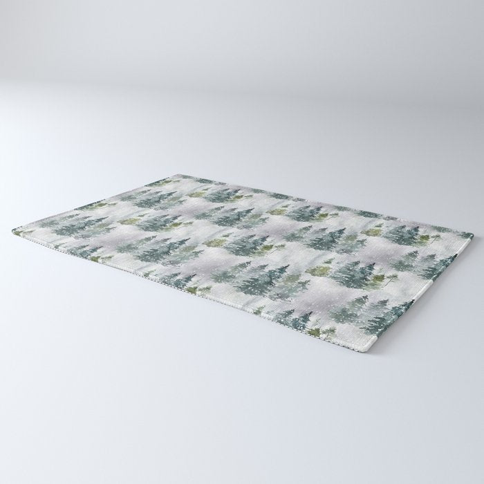 Watercolor forest green snow Christmas pine tree Rug Gallery Image 3