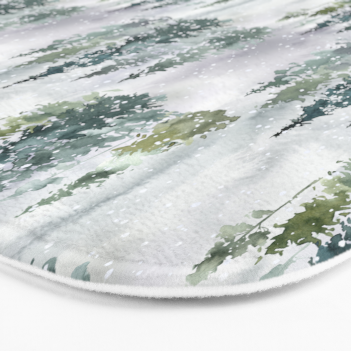 Watercolor forest green snow Christmas pine tree Bath Mat Gallery Image 3