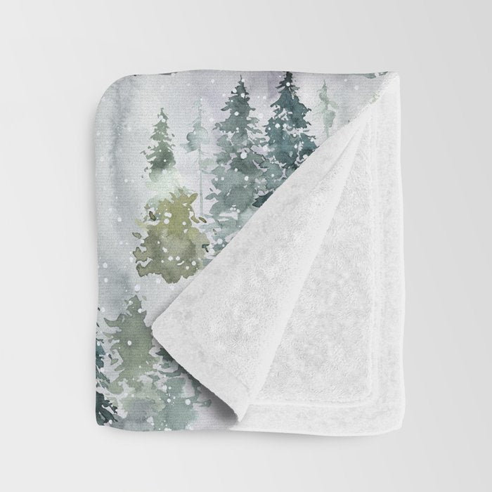 Watercolor forest green snow Christmas pine tree Throw Blanket Gallery Image 3