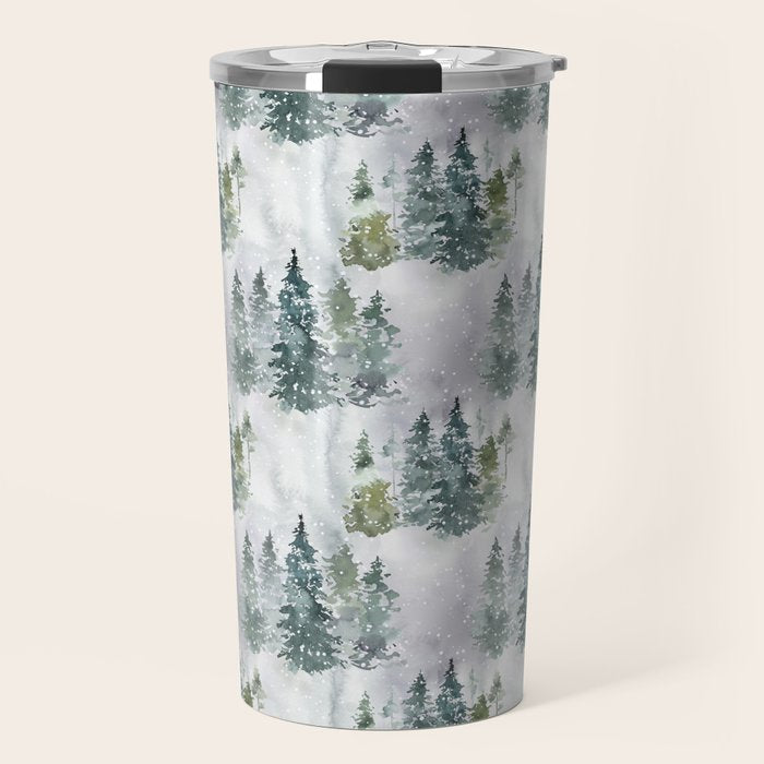 Watercolor forest green snow Christmas pine tree Travel Mug Gallery Image 1