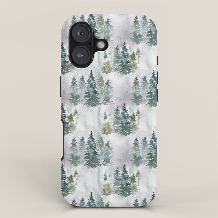 Watercolor forest green snow Christmas pine tree iPhone Case Gallery Image 1