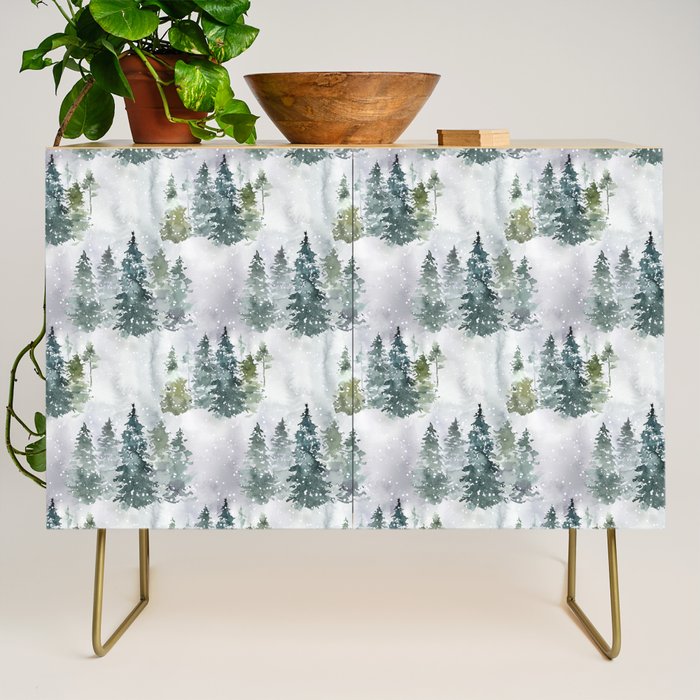 Watercolor forest green snow Christmas pine tree Credenza Gallery Image 1