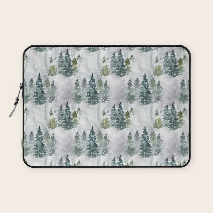 Watercolor forest green snow Christmas pine tree Laptop Sleeve Gallery Image 1