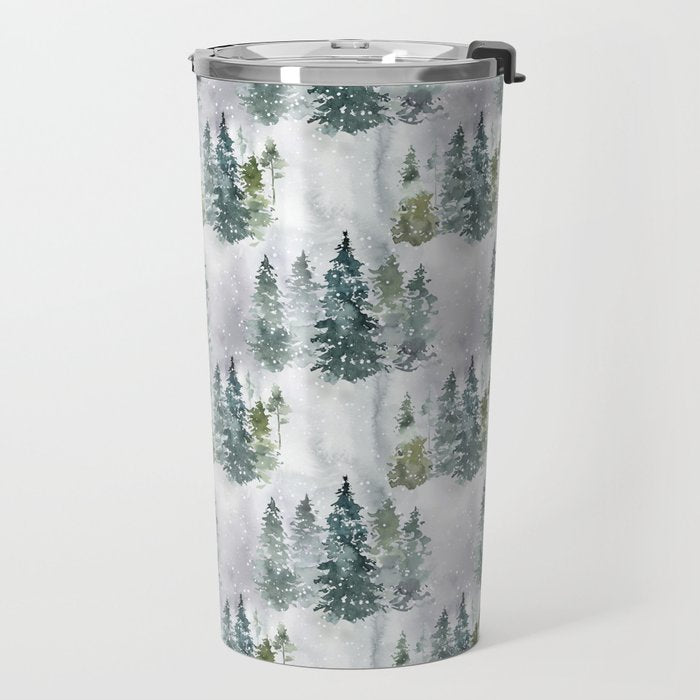 Watercolor forest green snow Christmas pine tree Travel Mug Gallery Image 2