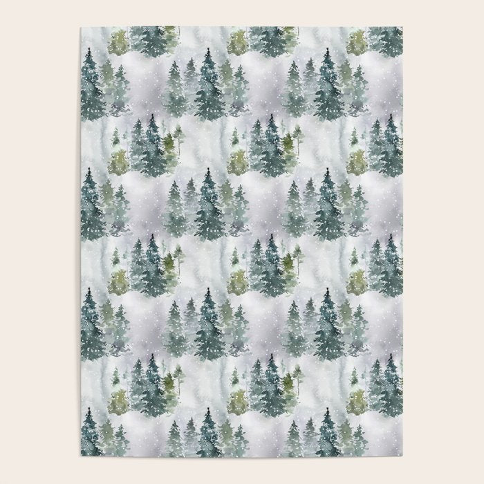 Watercolor forest green snow Christmas pine tree Poster Gallery Image 4