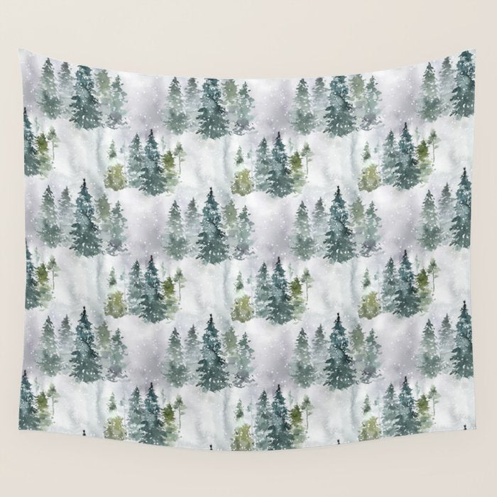Watercolor forest green snow Christmas pine tree Wall Tapestry Gallery Image 1