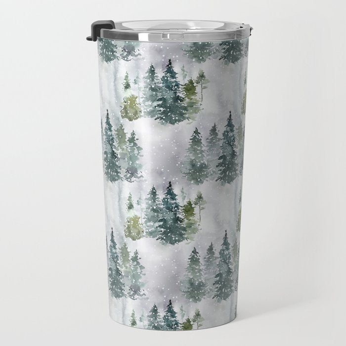 Watercolor forest green snow Christmas pine tree Travel Mug Gallery Image 3
