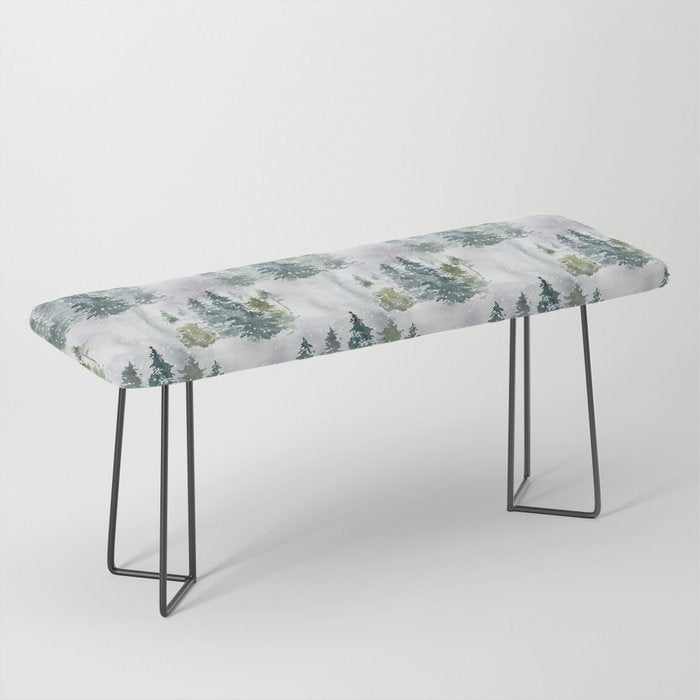 Watercolor forest green snow Christmas pine tree Bench Gallery Image 1