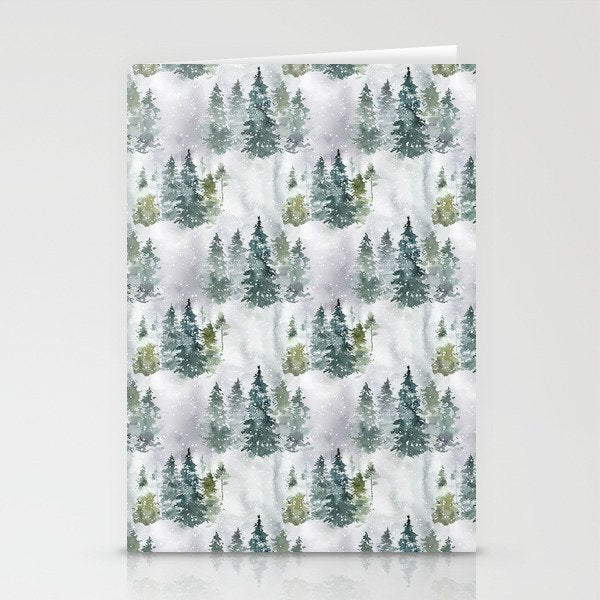 Watercolor forest green snow Christmas pine tree Stationery Card Gallery Image 2
