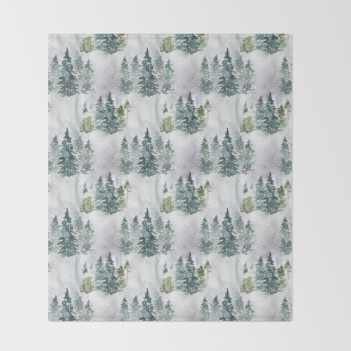 Watercolor forest green snow Christmas pine tree Throw Blanket Gallery Image 2
