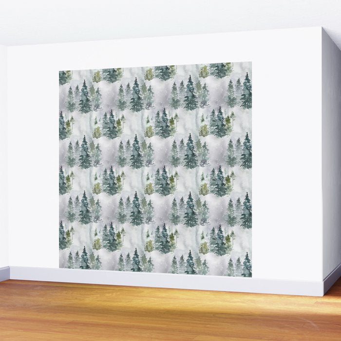 Watercolor forest green snow Christmas pine tree Wall Mural Gallery Image 2