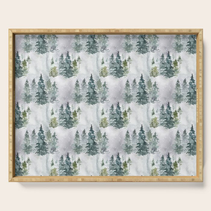 Watercolor forest green snow Christmas pine tree Serving Tray Gallery Image 1