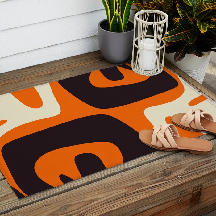 Mid Century Modern Mythos Abstract Black Orange Cream Outdoor Rug Gallery Image 2