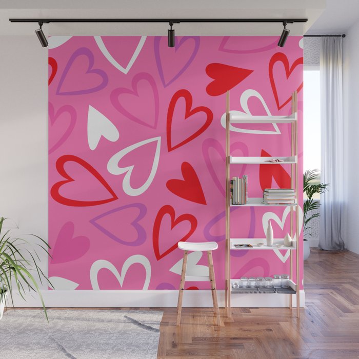 Pink love heart cartoon pattern Wall Mural Gallery Image 1