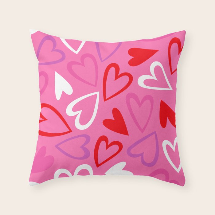 Pink love heart cartoon pattern Throw Pillow Gallery Image 6