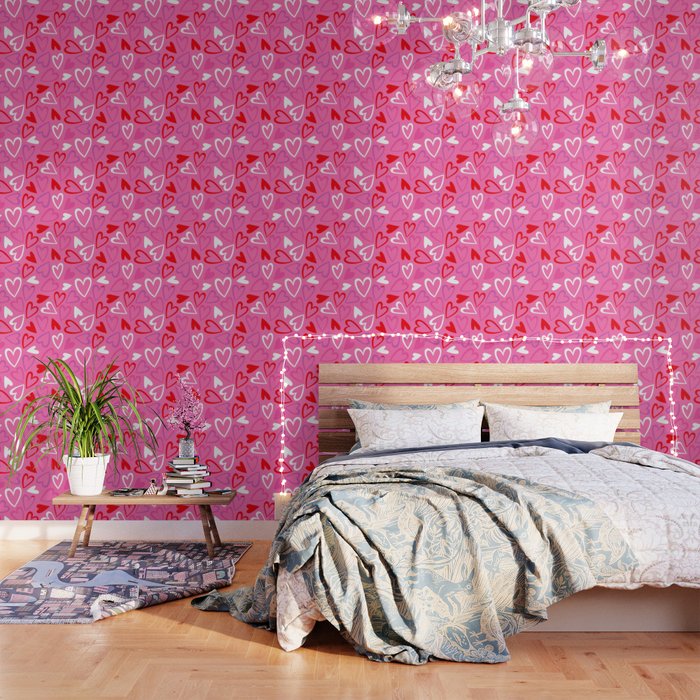 Pink love heart cartoon pattern Wallpaper Gallery Image 1