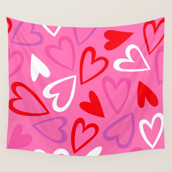 Pink love heart cartoon pattern Wall Tapestry Gallery Image 4