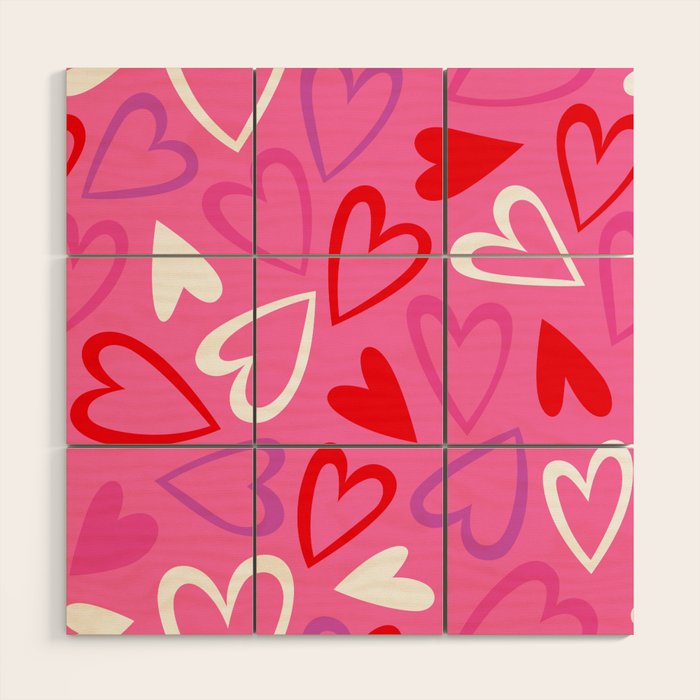 Pink love heart cartoon pattern Wood Wall Art Gallery Image 1