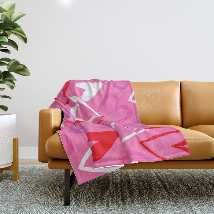 Pink love heart cartoon pattern Throw Blanket Gallery Image 1