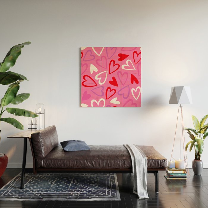 Pink love heart cartoon pattern Wood Wall Art Gallery Image 2