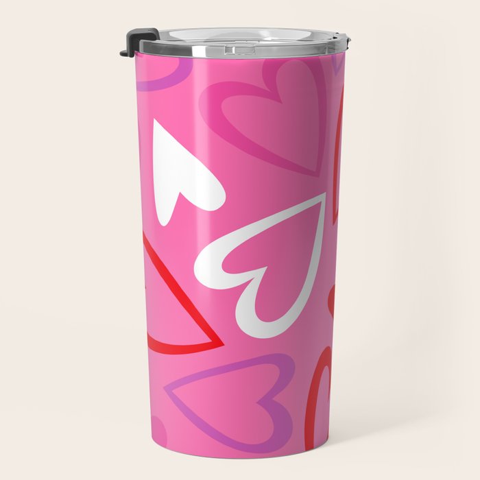 Pink love heart cartoon pattern Travel Mug Gallery Image 3