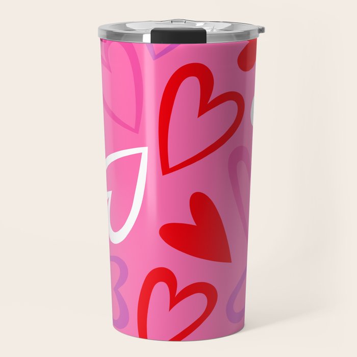 Pink love heart cartoon pattern Travel Mug Gallery Image 1