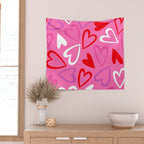 Pink love heart cartoon pattern Wall Tapestry Gallery Image 2