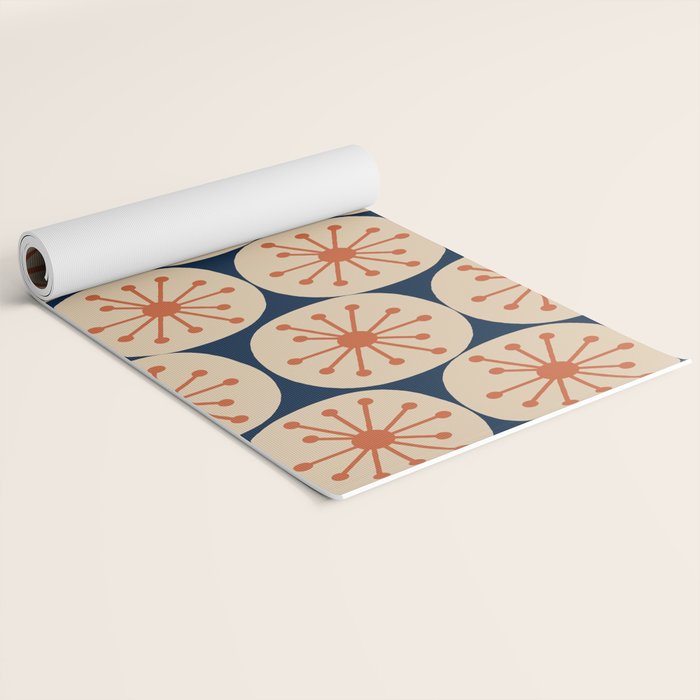 Atomic Dots Retro Geo Pattern in Mid Mid Orange, Beige, and Navy Blue Yoga Mat Gallery Image 2