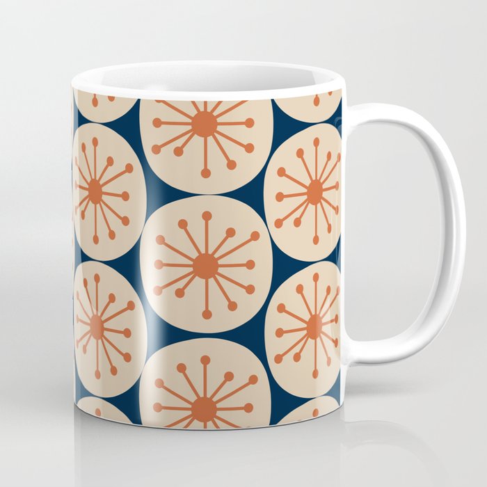 Atomic Dots Retro Geo Pattern in Mid Mid Orange, Beige, and Navy Blue Coffee Mug Gallery Image 1