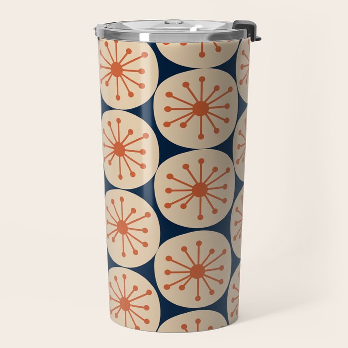 Atomic Dots Retro Geo Pattern in Mid Mid Orange, Beige, and Navy Blue Travel Mug Gallery Image 2
