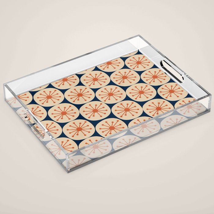Atomic Dots Retro Geo Pattern in Mid Mid Orange, Beige, and Navy Blue Acrylic Tray Gallery Image 1