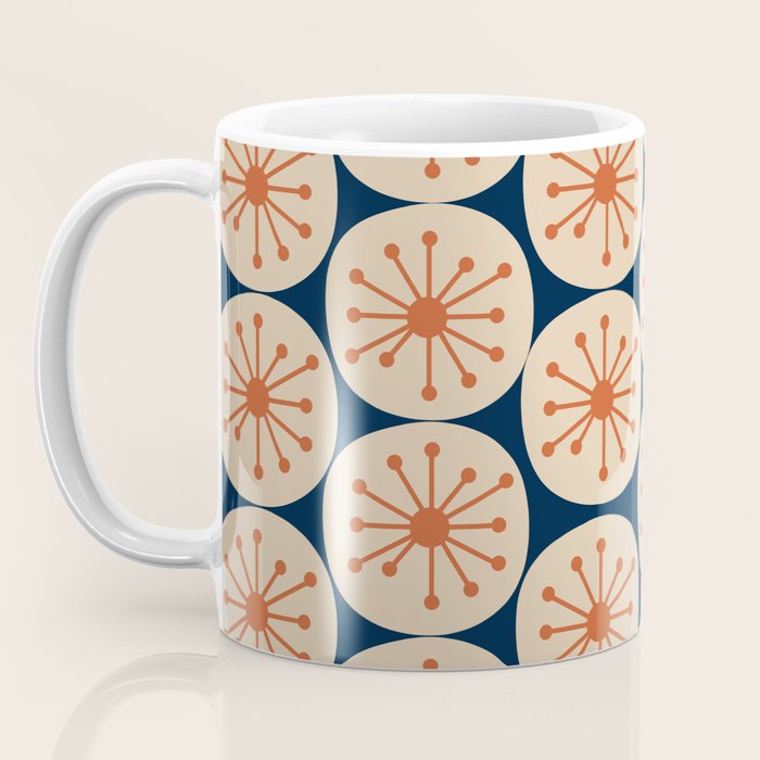 Atomic Dots Retro Geo Pattern in Mid Mid Orange, Beige, and Navy Blue Coffee Mug Gallery Image 3