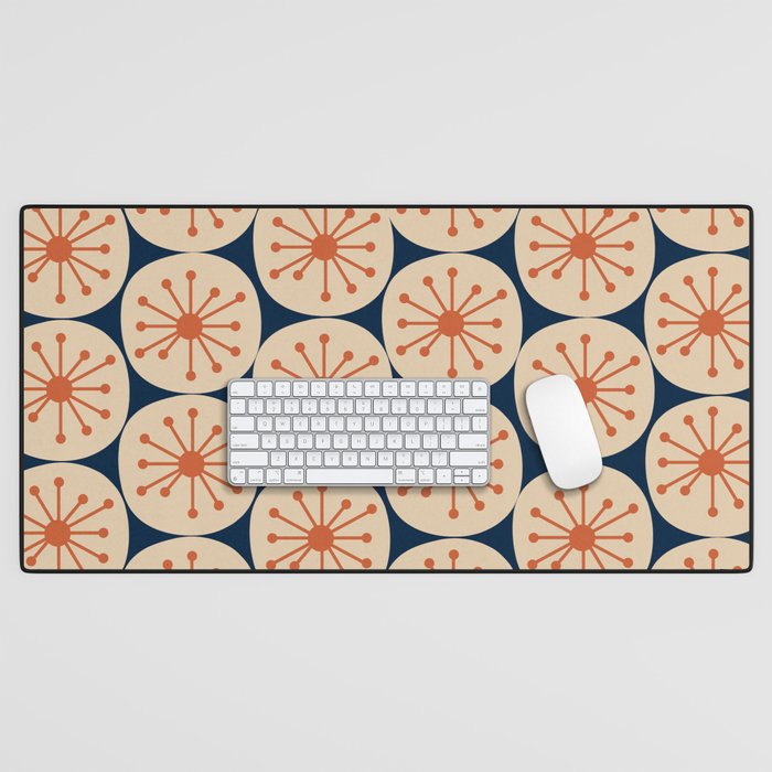 Atomic Dots Retro Geo Pattern in Mid Mid Orange, Beige, and Navy Blue Desk Mat Gallery Image 1