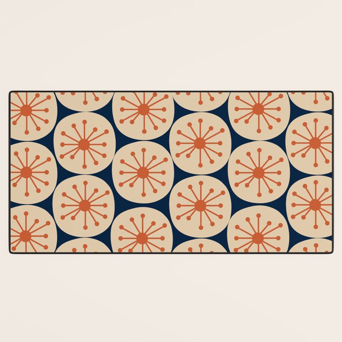 Atomic Dots Retro Geo Pattern in Mid Mid Orange, Beige, and Navy Blue Desk Mat Gallery Image 3