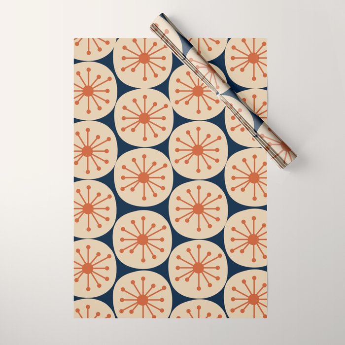 Atomic Dots Retro Geo Pattern in Mid Mid Orange, Beige, and Navy Blue Wrapping Paper Gallery Image 1
