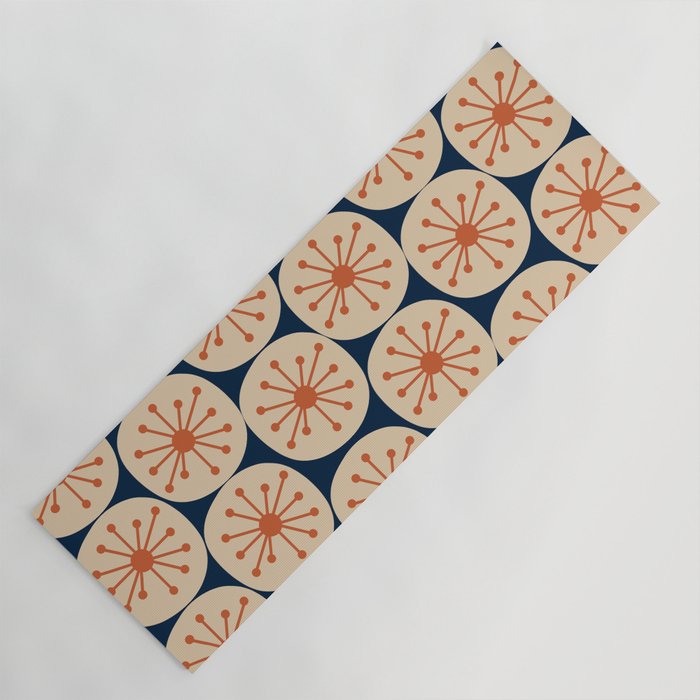 Atomic Dots Retro Geo Pattern in Mid Mid Orange, Beige, and Navy Blue Yoga Mat Gallery Image 1
