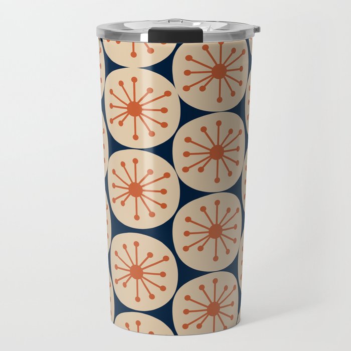 Atomic Dots Retro Geo Pattern in Mid Mid Orange, Beige, and Navy Blue Travel Mug Gallery Image 1