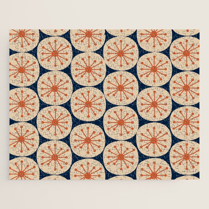 Atomic Dots Retro Geo Pattern in Mid Mid Orange, Beige, and Navy Blue Jigsaw Puzzle Gallery Image 1