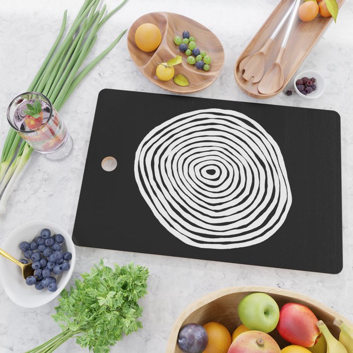 Black & White Minimalist Mid Century Abstract Ink Line Spiral Hypnotic Circle Cutting Board Gallery Image 2