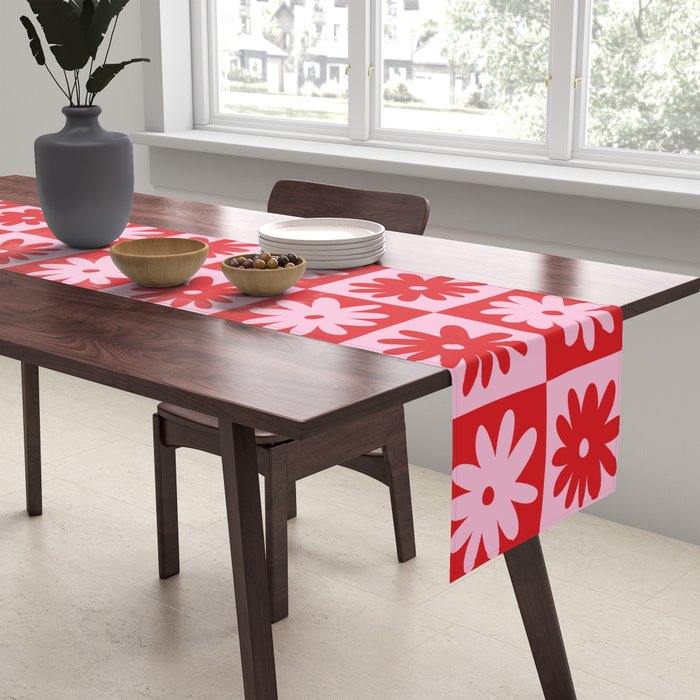 Pink & Red Checkerboard Flower Pattern Table Runner Gallery Image 2