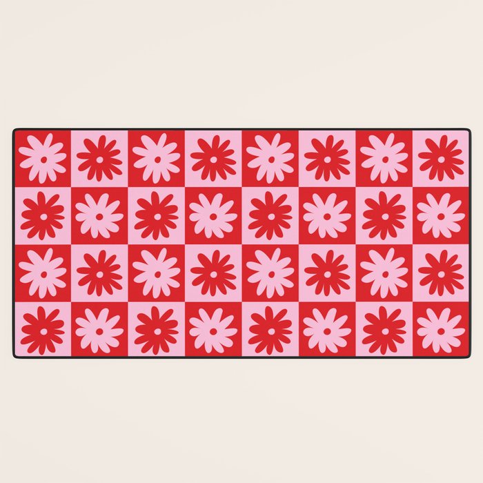 Pink & Red Checkerboard Flower Pattern Desk Mat Gallery Image 3