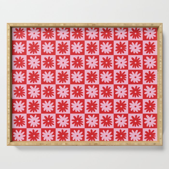Pink & Red Checkerboard Flower Pattern Serving Tray Gallery Image 1