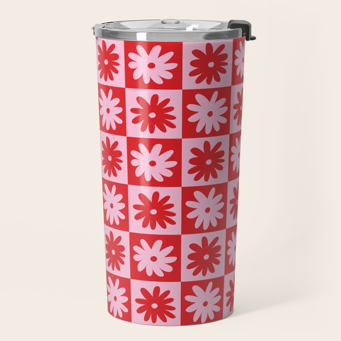 Pink & Red Checkerboard Flower Pattern Travel Mug Gallery Image 2