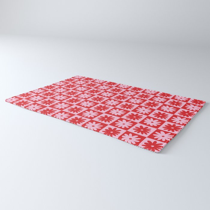 Pink & Red Checkerboard Flower Pattern Rug Gallery Image 3